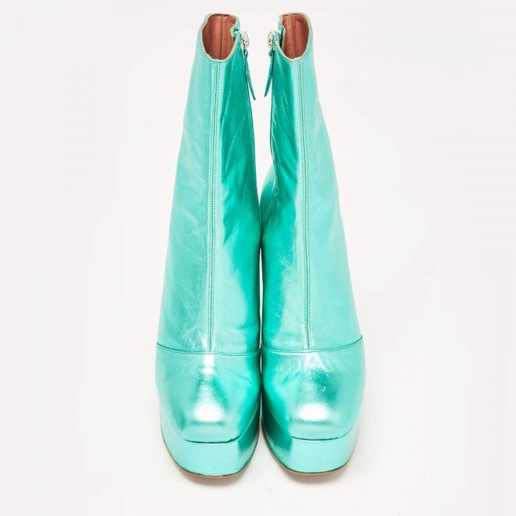 Pre Owned Amina Muaddi Metallic Green Leather Platform Ankle Boots Size 39