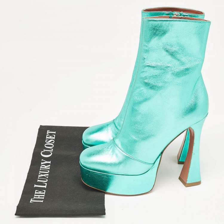Pre Owned Amina Muaddi Metallic Green Leather Platform Ankle Boots Size 39