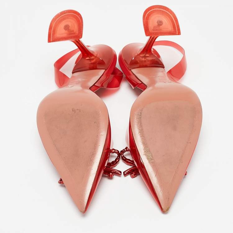 Pre Owned Amina Muaddi Red PVC Rosie Crystal Embellished Bow Slingback Pumps Size 39.5