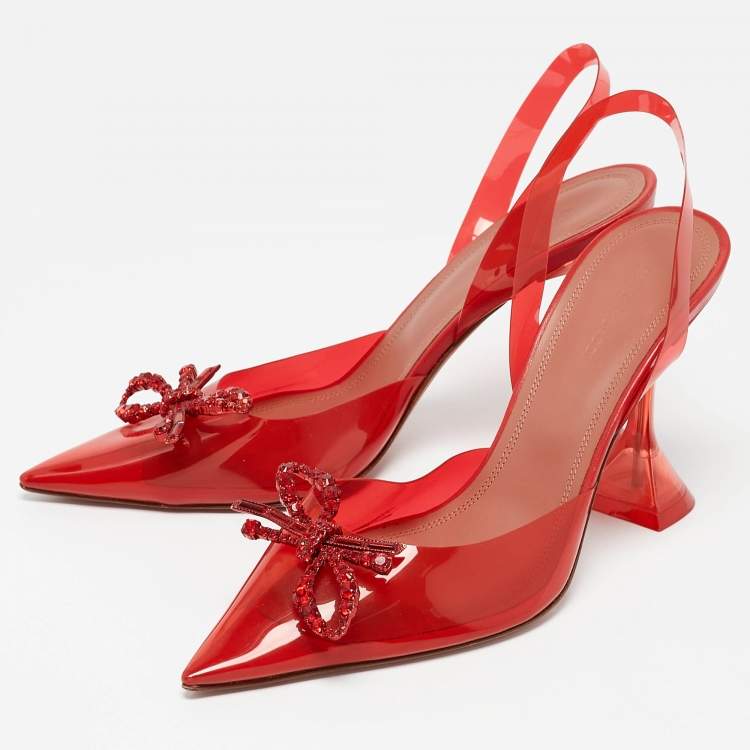 Pre Owned Amina Muaddi Red PVC Rosie Crystal Embellished Bow Slingback Pumps Size 39.5