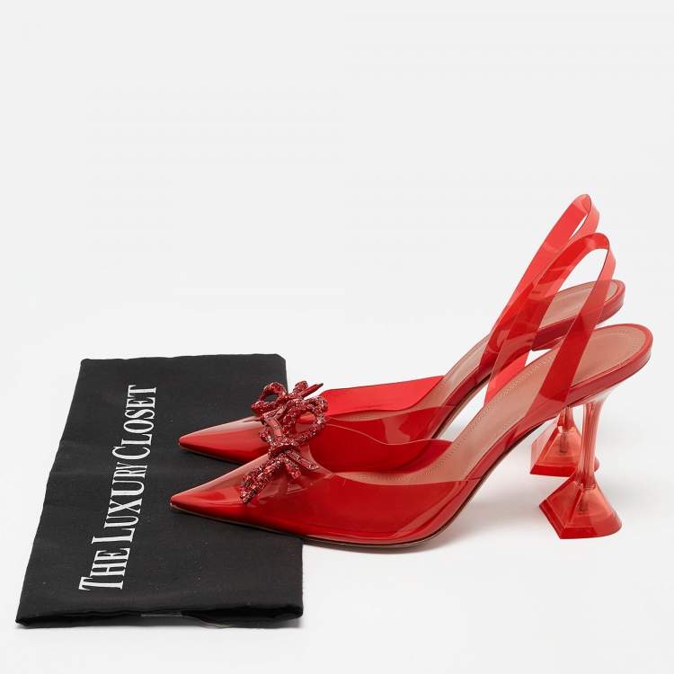 Pre Owned Amina Muaddi Red PVC Rosie Crystal Embellished Bow Slingback Pumps Size 39.5