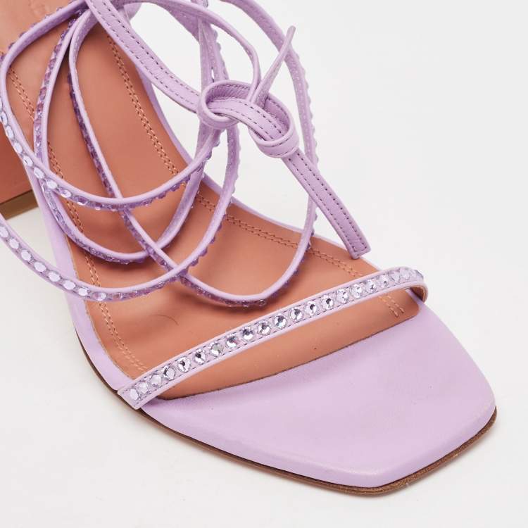 Pre Owned Amina Muaddi Purple Leather Crystal Embellished Vita Ankle Strap Sandals Size 39