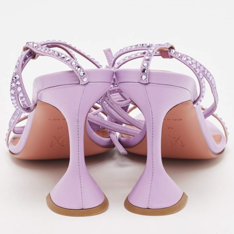 Pre Owned Amina Muaddi Purple Leather Crystal Embellished Vita Ankle Strap Sandals Size 39