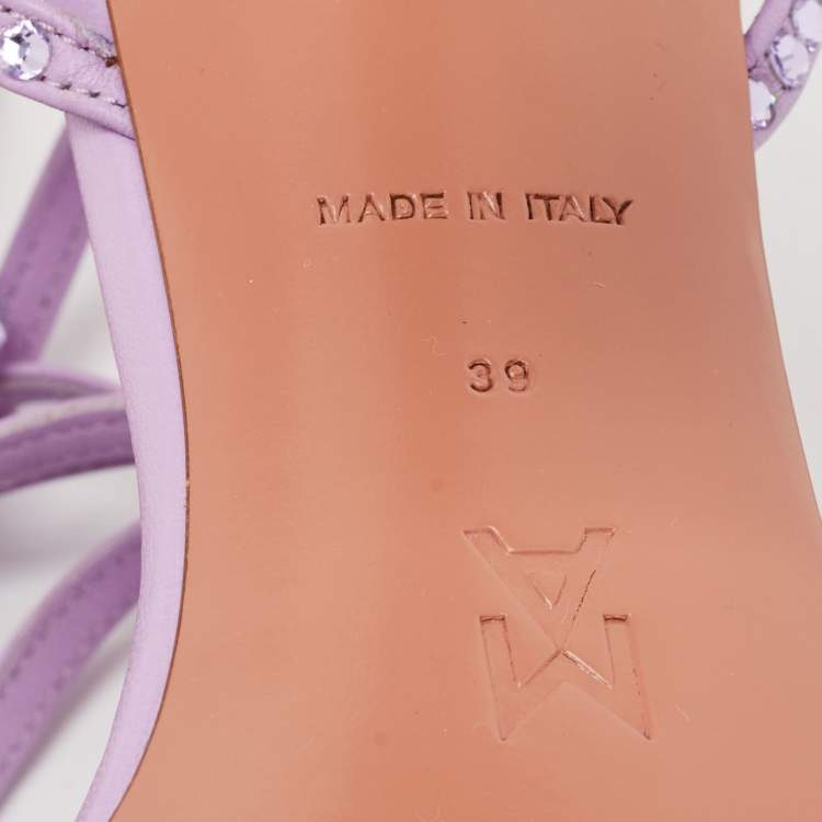 Pre Owned Amina Muaddi Purple Leather Crystal Embellished Vita Ankle Strap Sandals Size 39