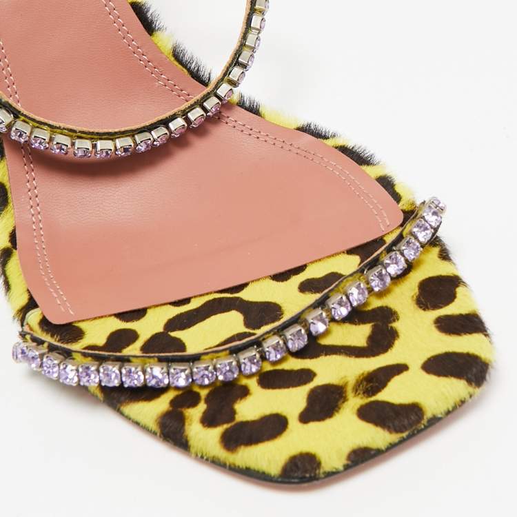 Pre Owned Amina Muaddi Yellow/Black Calf Hair and Leather Gilda Slide Sandals Size 39.5