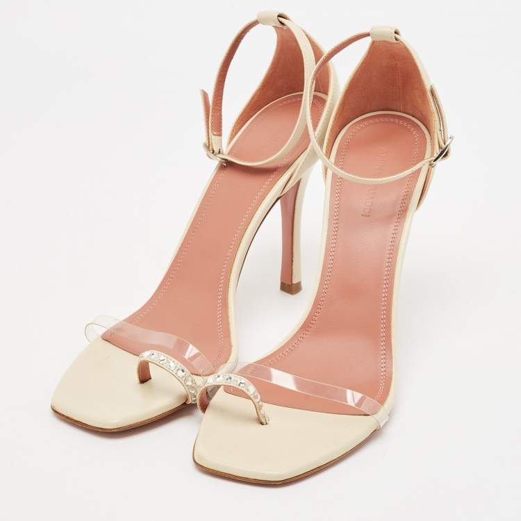 Pre Owned Amina Muaddi Cream Leather Daisy Ankle Strap Sandals Size 39.5