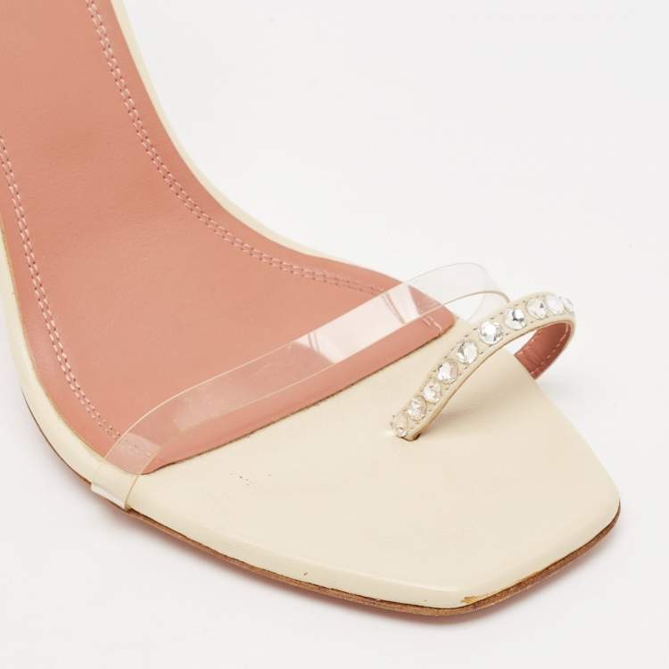 Pre Owned Amina Muaddi Cream Leather Daisy Ankle Strap Sandals Size 39.5
