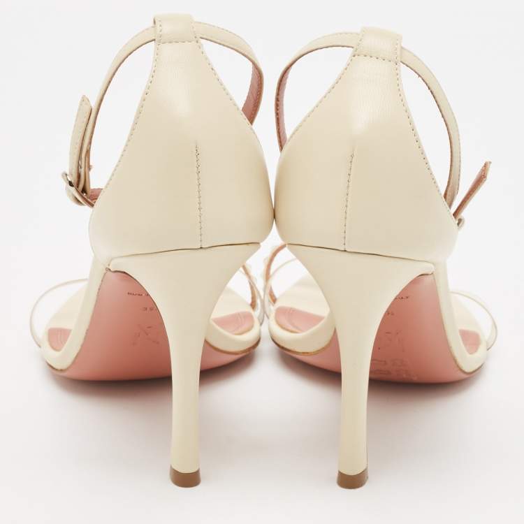 Pre Owned Amina Muaddi Cream Leather Daisy Ankle Strap Sandals Size 39.5