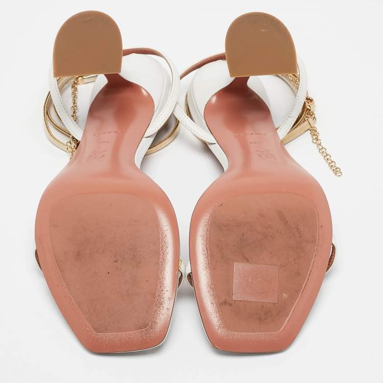 Pre Owned Amina Muaddi White Leather And Chain Ankle Strap Sandals Size 38.5