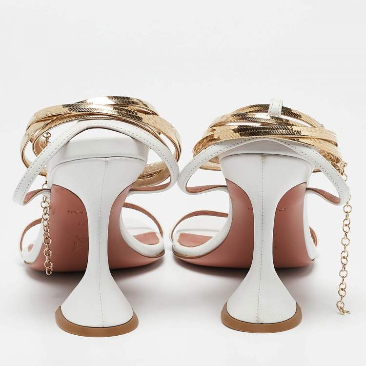 Pre Owned Amina Muaddi White Leather And Chain Ankle Strap Sandals Size 38.5
