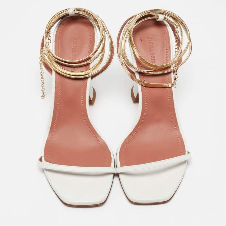 Pre Owned Amina Muaddi White Leather And Chain Ankle Strap Sandals Size 38.5