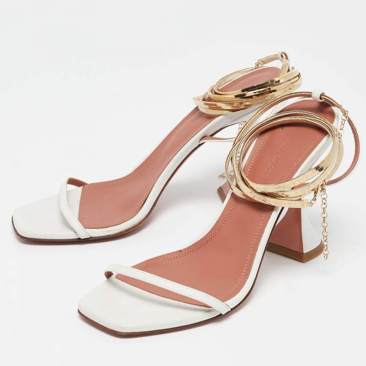 Pre Owned Amina Muaddi White Leather And Chain Ankle Strap Sandals Size 38.5
