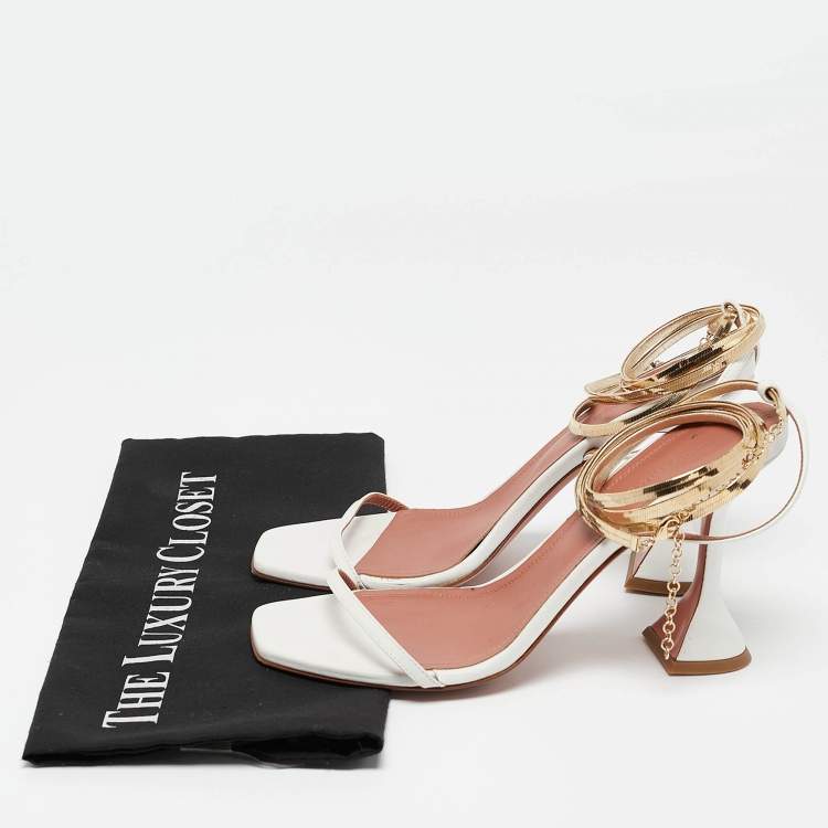 Pre Owned Amina Muaddi White Leather And Chain Ankle Strap Sandals Size 38.5