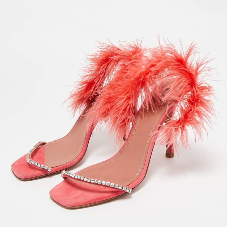 Pre Owned Amina Muaddi Pink Satin and Feather Crystal Embellished Adwoa Slingback Sandals Size 38.5