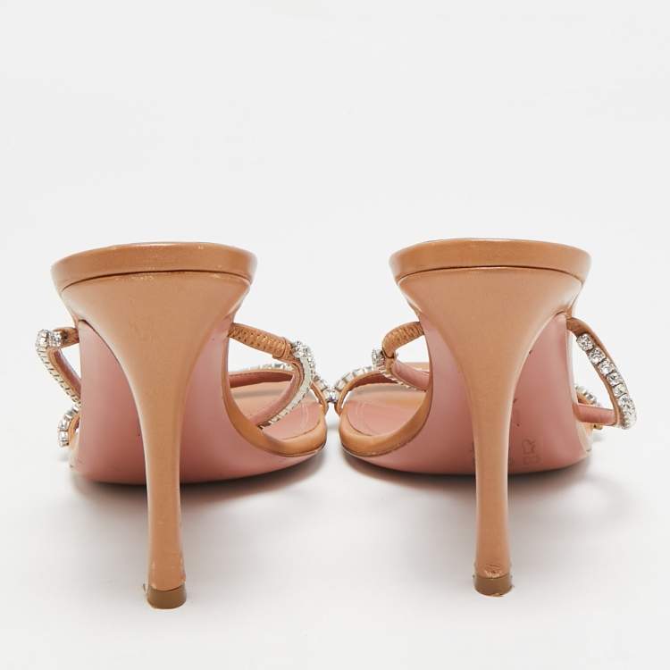 Pre Owned Amina Muaddi Brown Leather Gilda Slide Sandals Size 40