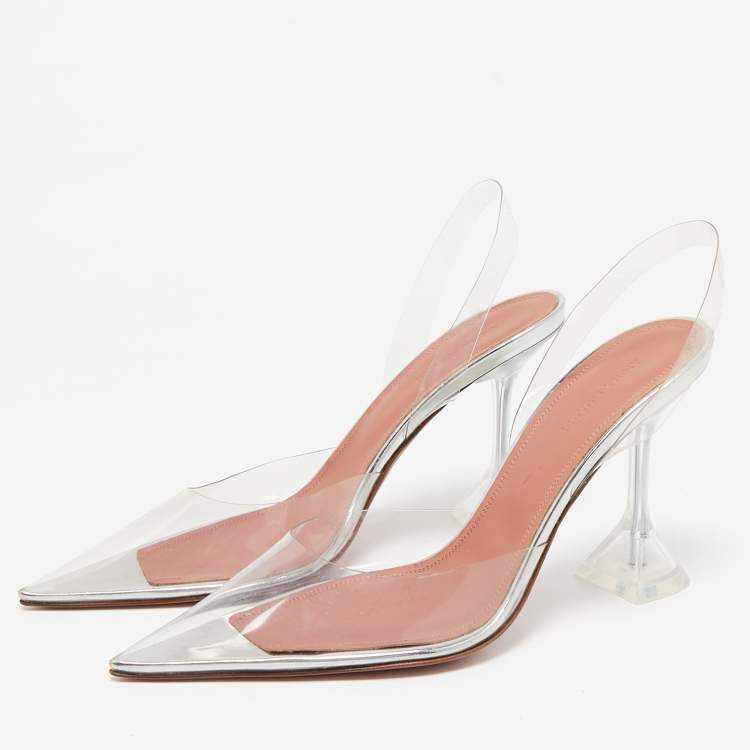 Pre Owned Amina Muaddi Transparent PVC Holli Glass Pointed Toe Slingback Pumps Size 39.5