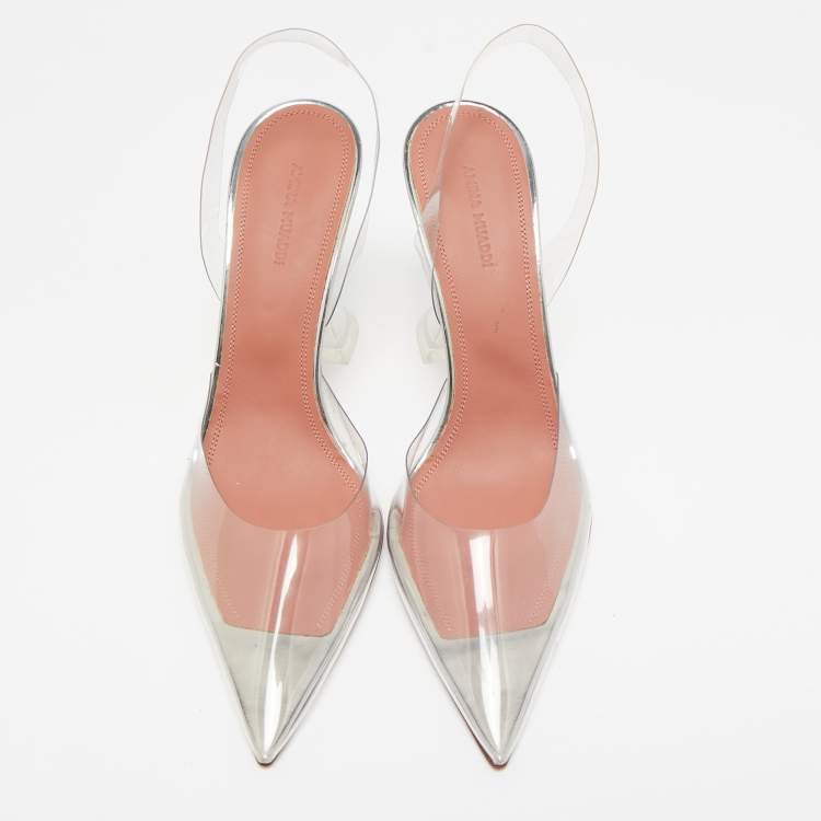 Pre Owned Amina Muaddi Transparent PVC Holli Glass Pointed Toe Slingback Pumps Size 39.5