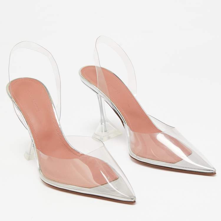 Pre Owned Amina Muaddi Transparent PVC Holli Glass Pointed Toe Slingback Pumps Size 39.5