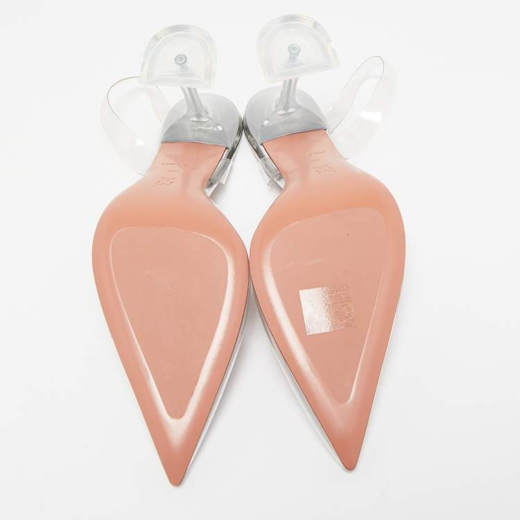 Pre Owned Amina Muaddi Transparent PVC Holli Glass Pointed Toe Slingback Pumps Size 39.5