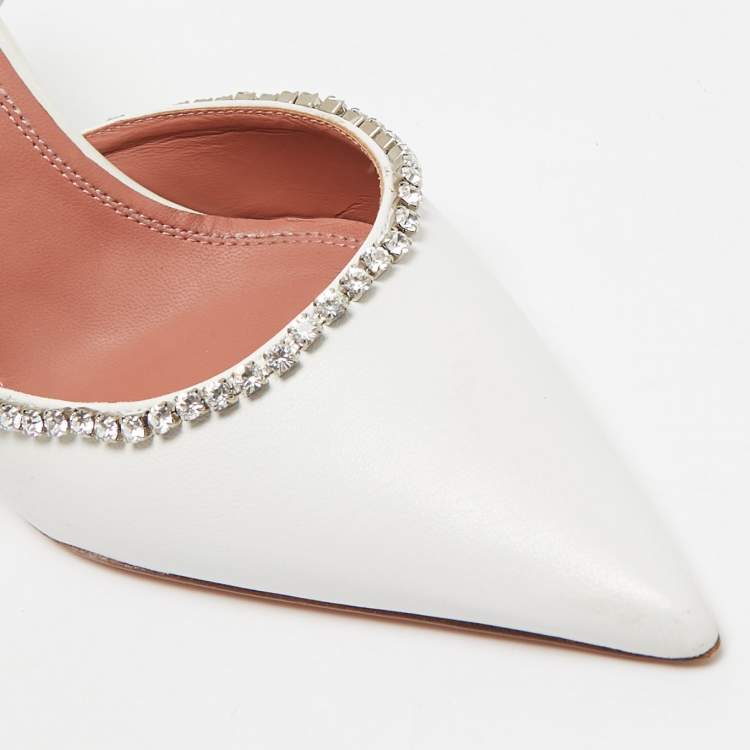 Pre Owned Amina Muaddi White Leather Gilda Mules Size 39