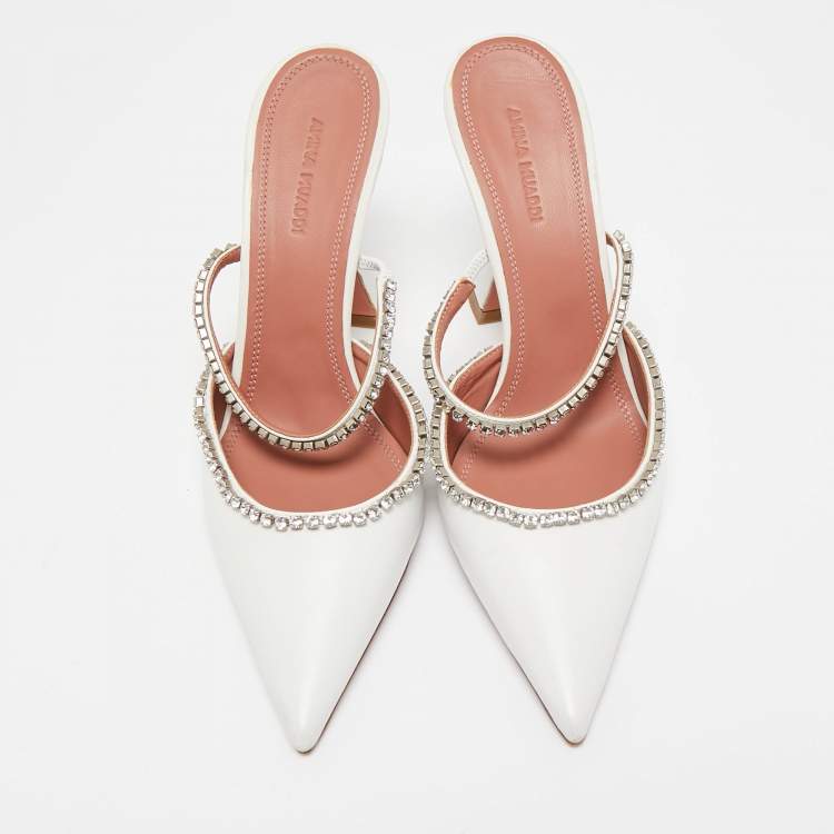 Pre Owned Amina Muaddi White Leather Gilda Mules Size 39