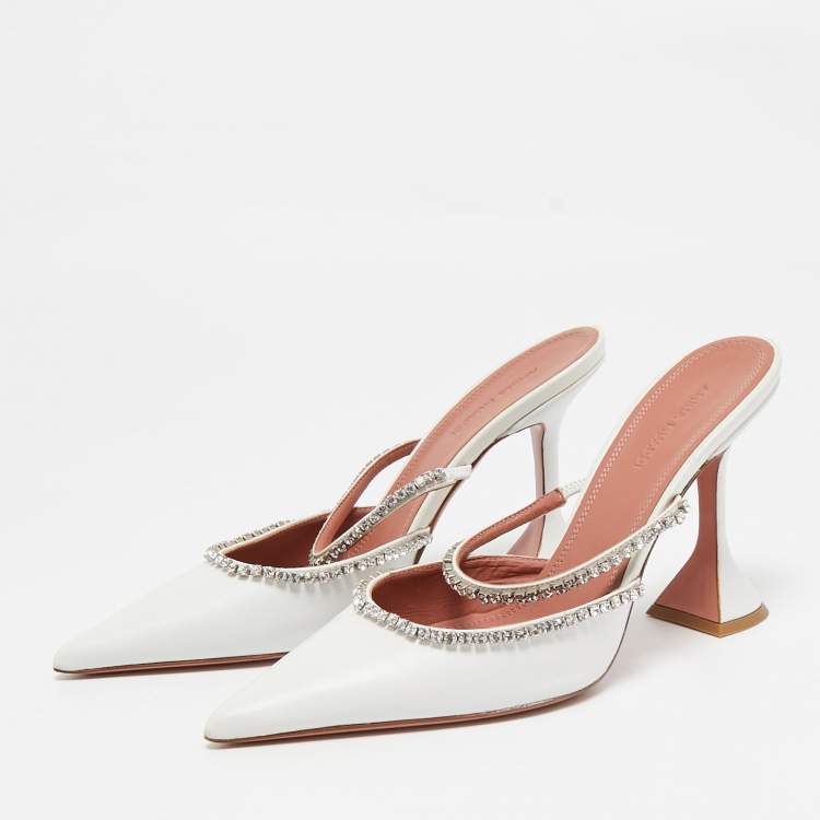 Pre Owned Amina Muaddi White Leather Gilda Mules Size 39