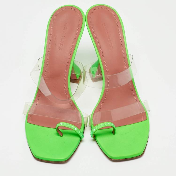 Pre Owned Amina Muaddi Green Leather and PVC lupita Slide Sandals Size 40