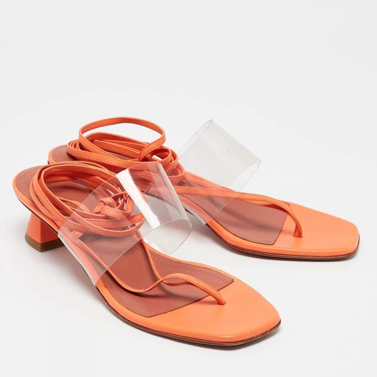 Pre Owned Amina Muaddi Orange/Transperent Leather and PVC Zula Ankle Tie Sandals Size 40
