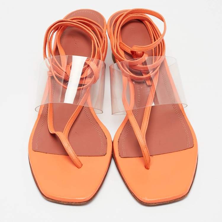Pre Owned Amina Muaddi Orange/Transperent Leather and PVC Zula Ankle Tie Sandals Size 40