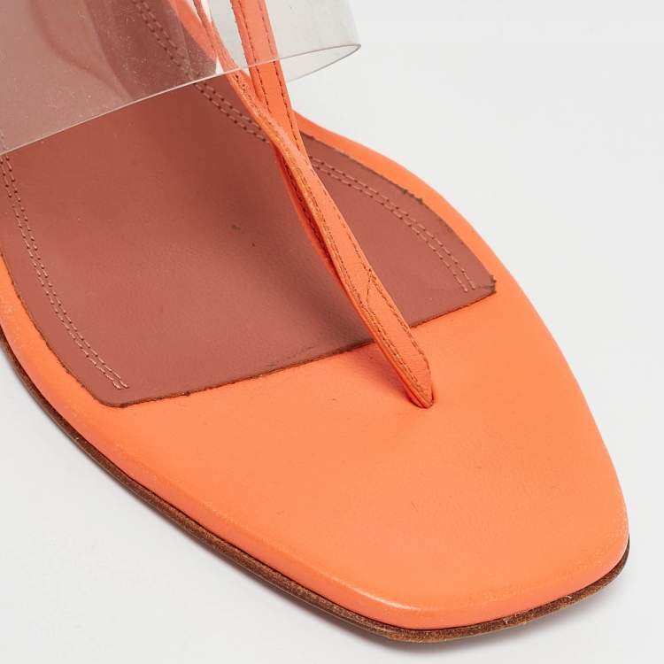 Pre Owned Amina Muaddi Orange/Transperent Leather and PVC Zula Ankle Tie Sandals Size 40