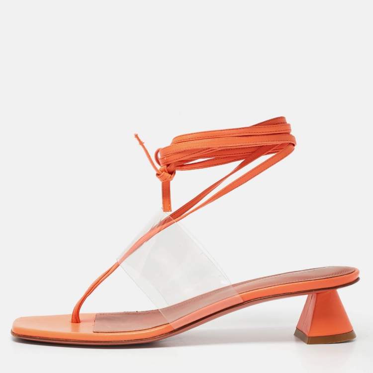 Pre Owned Amina Muaddi Orange/Transperent Leather and PVC Zula Ankle Tie Sandals Size 40