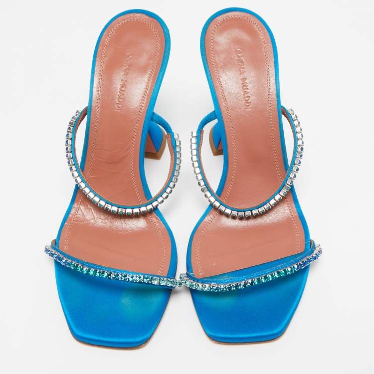 Pre Owned Amina Muaddi Blue Satin Crystal Gilda Sandals Size 38