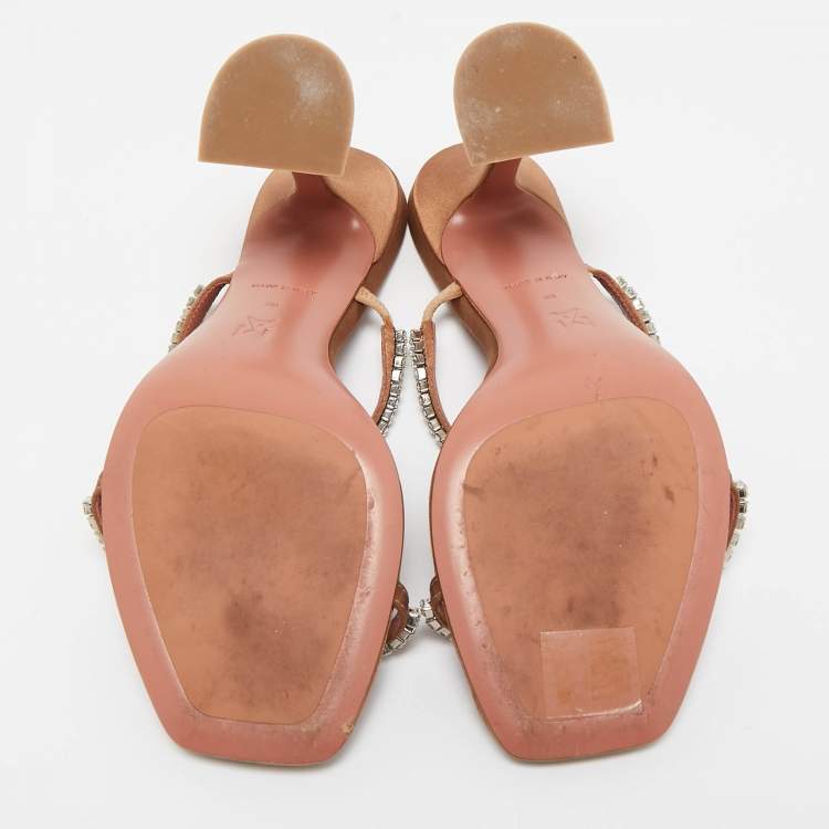 Pre Owned Amina Muaddi Beige Satin Crystal Embellished Gilda Slide Sandals Size 38