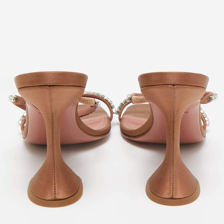 Pre Owned Amina Muaddi Beige Satin Crystal Embellished Gilda Slide Sandals Size 38
