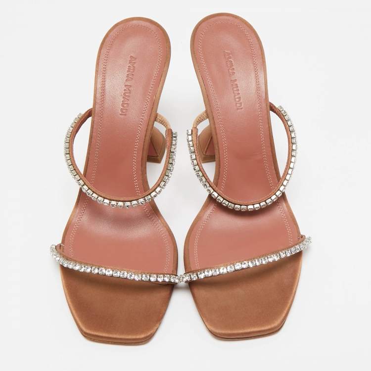 Pre Owned Amina Muaddi Beige Satin Crystal Embellished Gilda Slide Sandals Size 38