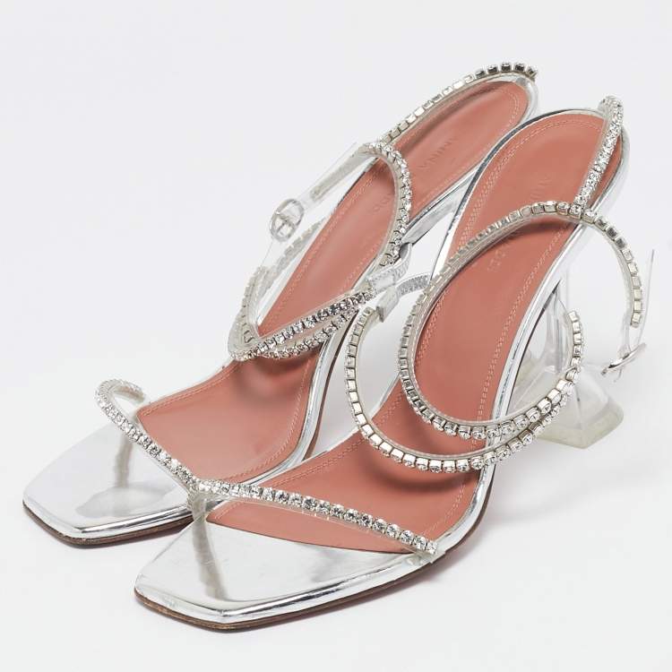 Pre Owned Amina Muaddi Silver PVC Gilda Crystal Embellished Ankle Strap Sandals Size 40