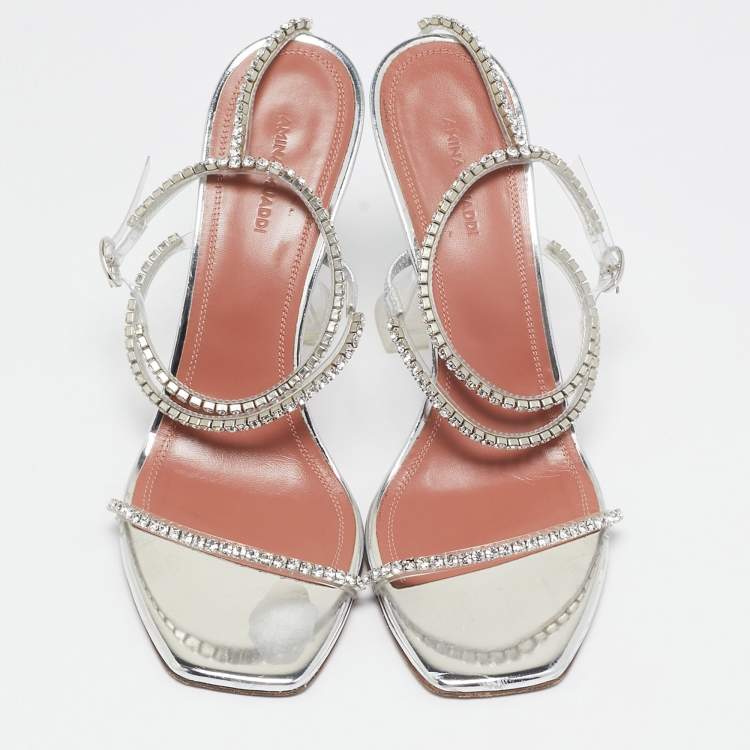 Pre Owned Amina Muaddi Silver PVC Gilda Crystal Embellished Ankle Strap Sandals Size 40