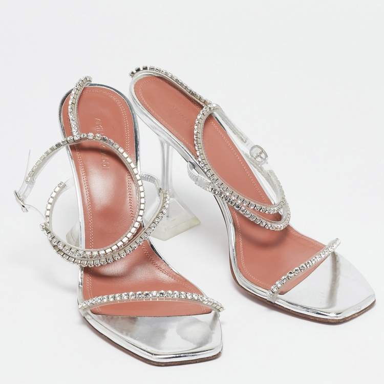 Pre Owned Amina Muaddi Silver PVC Gilda Crystal Embellished Ankle Strap Sandals Size 40