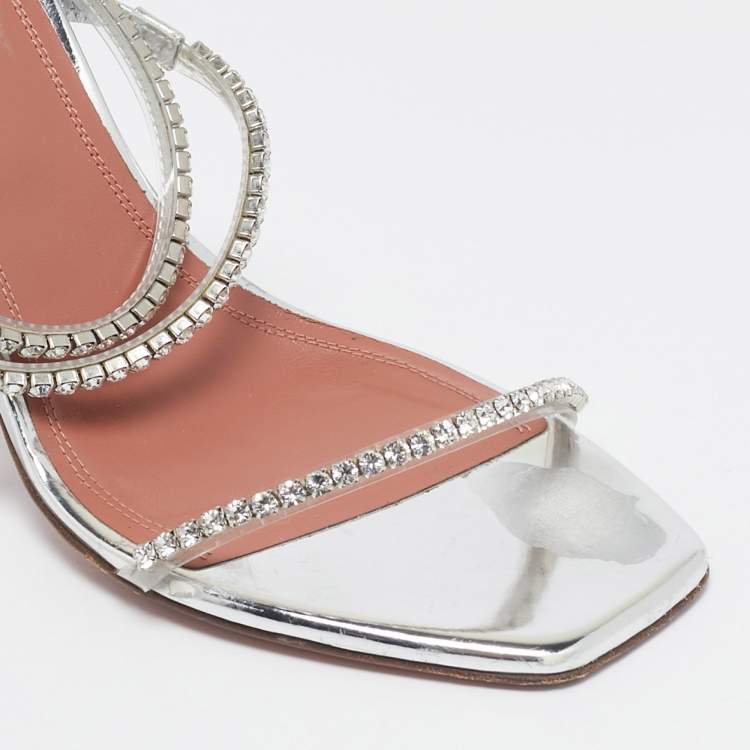 Pre Owned Amina Muaddi Silver PVC Gilda Crystal Embellished Ankle Strap Sandals Size 40