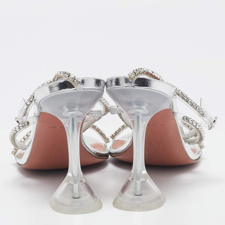 Pre Owned Amina Muaddi Silver PVC Gilda Crystal Embellished Ankle Strap Sandals Size 40