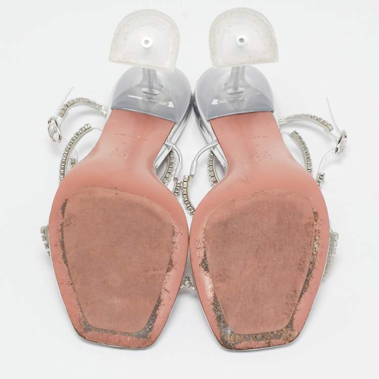 Pre Owned Amina Muaddi Silver PVC Gilda Crystal Embellished Ankle Strap Sandals Size 40