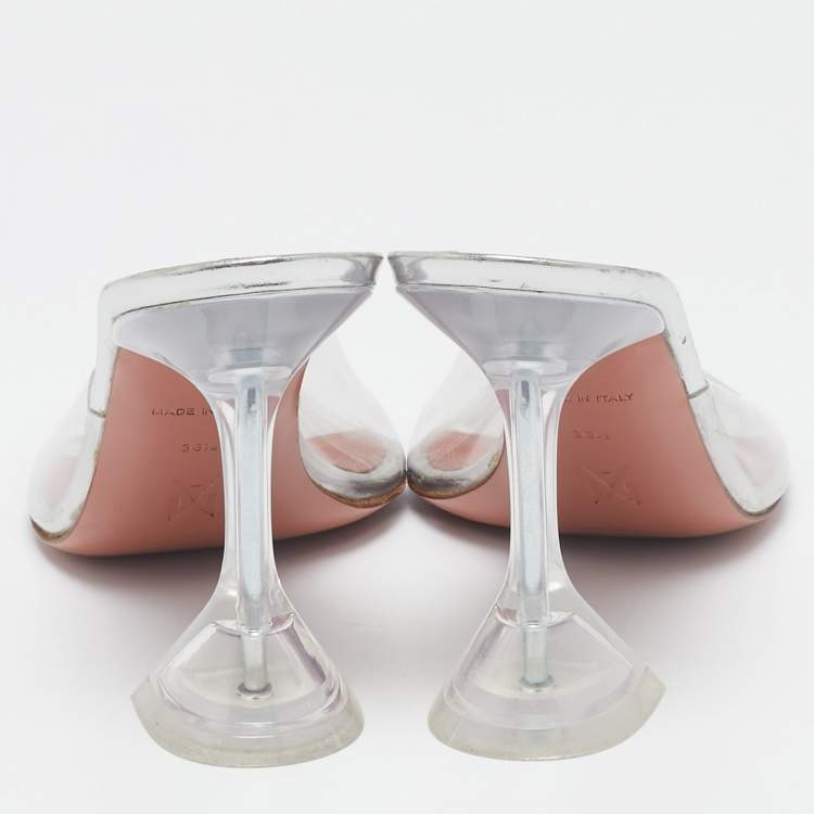 Pre Owned Amina Muaddi Silver PVC and Patent Leather Lupita Glass Sandals Size 36.5
