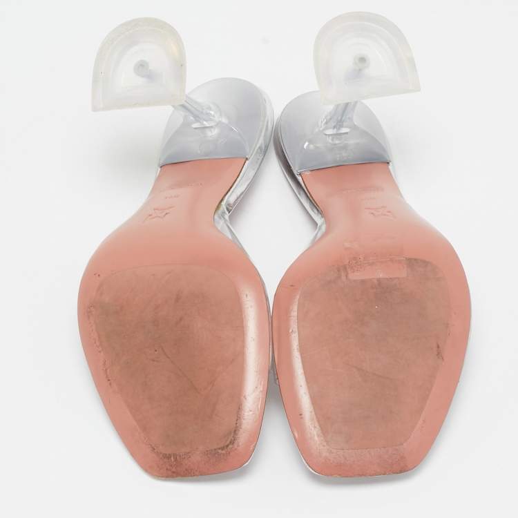 Pre Owned Amina Muaddi Silver PVC and Patent Leather Lupita Glass Sandals Size 36.5