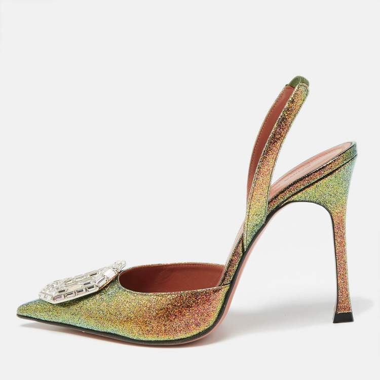 Pre Owned Amina Muaddi Multicolor Glitter Patent Leather Camelia Slingback Pumps Size 38