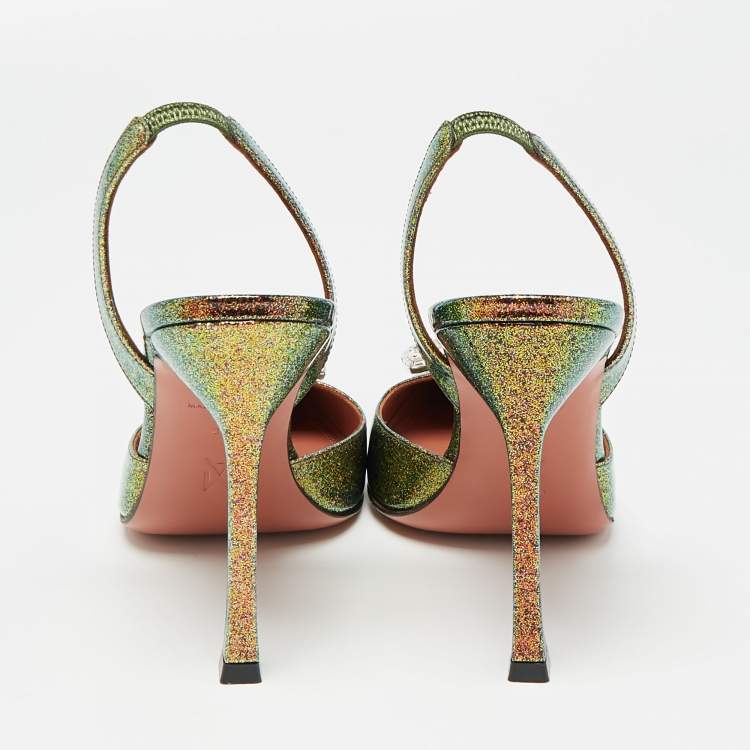 Pre Owned Amina Muaddi Multicolor Glitter Patent Leather Camelia Slingback Pumps Size 38