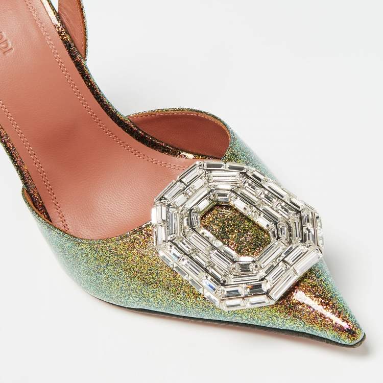 Pre Owned Amina Muaddi Multicolor Glitter Patent Leather Camelia Slingback Pumps Size 38