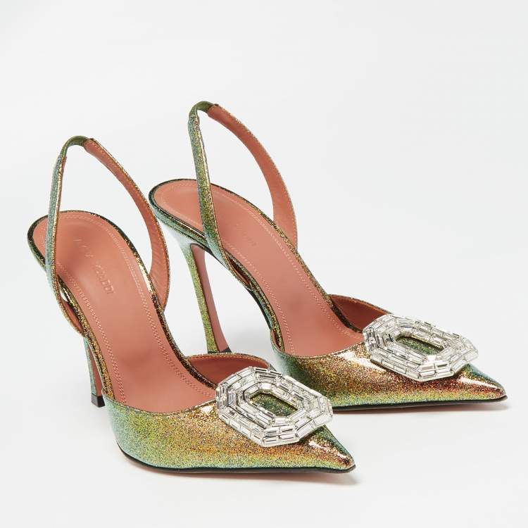 Pre Owned Amina Muaddi Multicolor Glitter Patent Leather Camelia Slingback Pumps Size 38