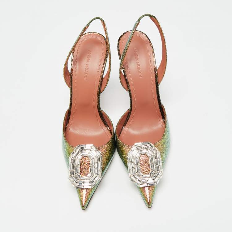 Pre Owned Amina Muaddi Multicolor Glitter Patent Leather Camelia Slingback Pumps Size 38