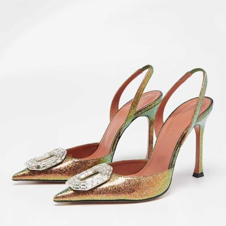 Pre Owned Amina Muaddi Multicolor Glitter Patent Leather Camelia Slingback Pumps Size 38