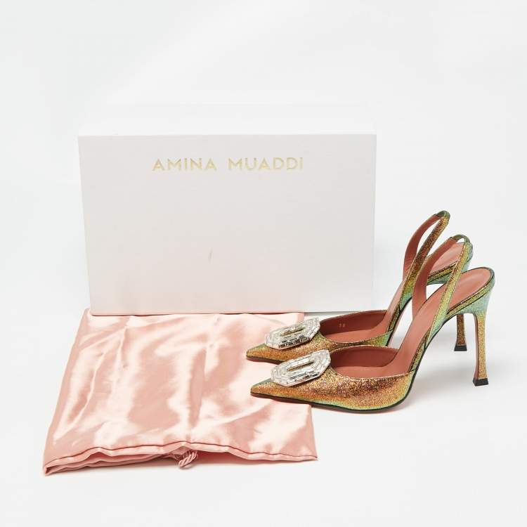 Pre Owned Amina Muaddi Multicolor Glitter Patent Leather Camelia Slingback Pumps Size 38